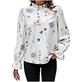 Floerns Women's Floral Puff Sleeve Dressy Blouse Ruffle Trim Business Casual Shirt Tops