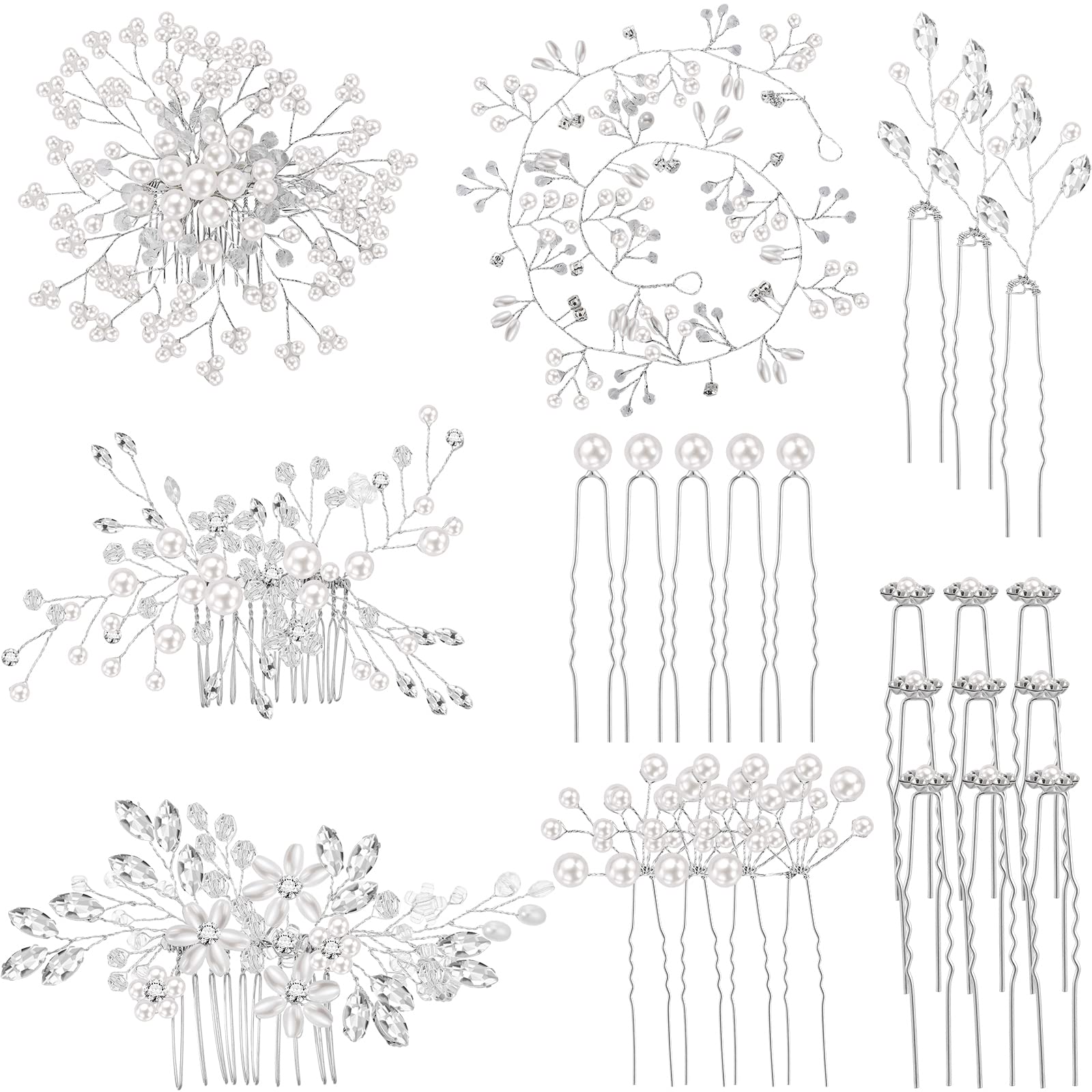 Photo 1 of Maitys 44 Pieces Wedding Hair Accessories Faux Pearl Crystal Comb Clips U-shaped Flower Rhinestone Silver Pearl Hair Pieces for Prom Bride Bridesmaid(Delicate Style)