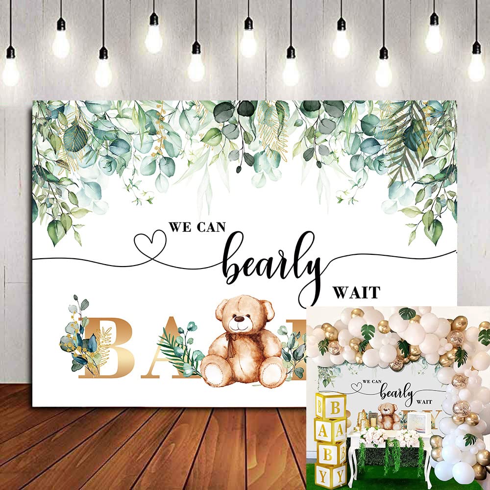 WANGRJ We Can Bearly Wait Bear Backdrop Green Watercolor Leaves Golden Baby Bear Lovely Photography Background Baby Shower birthday party Cake Table Decoration Photo Booth 7x5FT