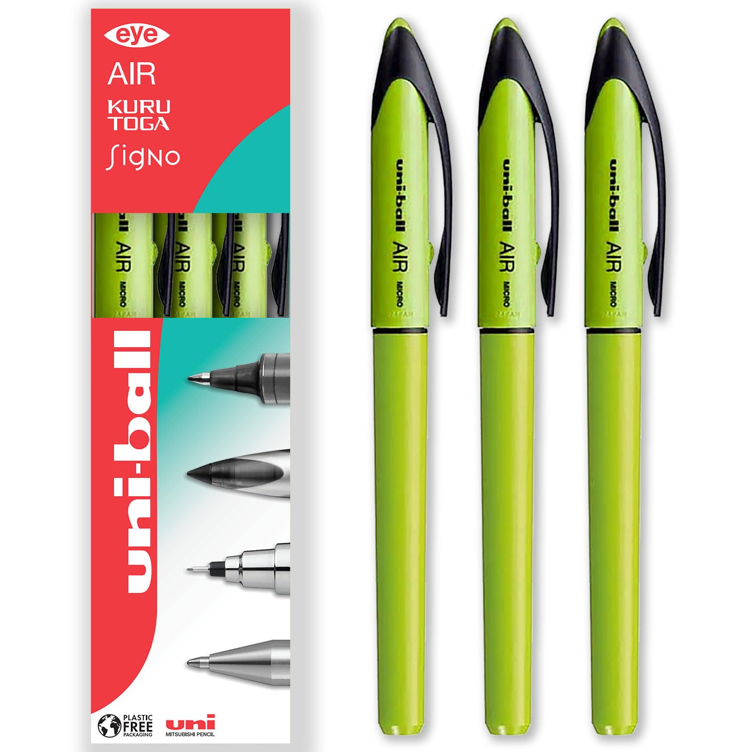 uni-ball AIR Micro - 0.5mm Fine Rollerball - Blue Ink - Green Barrel - Pack of 3 - In Gift Box