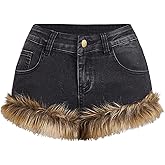 WDIRARA Women's Low Rise Fuzzy Plush Hem Denim Shorts Y2k Grunge Punk Mini Shorts