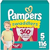Pampers Diapers - Swaddlers 360° - Size 5, 116 Count, up to 100% Leakproof Comfy Dry Fit, Designed for Easy Changes, Pull On Baby Diaper (Packaging May Vary)