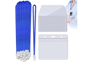 FZENeast Badge Holder with Lanyard，50 PCS Clear Waterproof Horizontal id Holder with 50 PCS Flat Neck Blue Badge Lanyards for