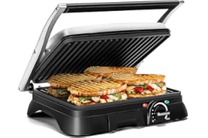 Aigostar Panini Press Grill, 1400W Sandwich Maker with Temperature Control, 4 Slice Non-stick Plates, Opens 180 Degrees for Any Size Food, 3-in-1 Sandwich Press, Drip Spout, Removable Drip Tray, Black