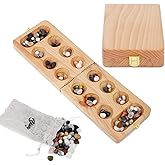 Ajuny Mancala Board Game, Real Natural Stones, Folding Wooden Travel Set | Solid beech wood, 80 unique real stones (48+32), folds &amp; latches shut. Screen-free 2 player game for family night, kids 6+