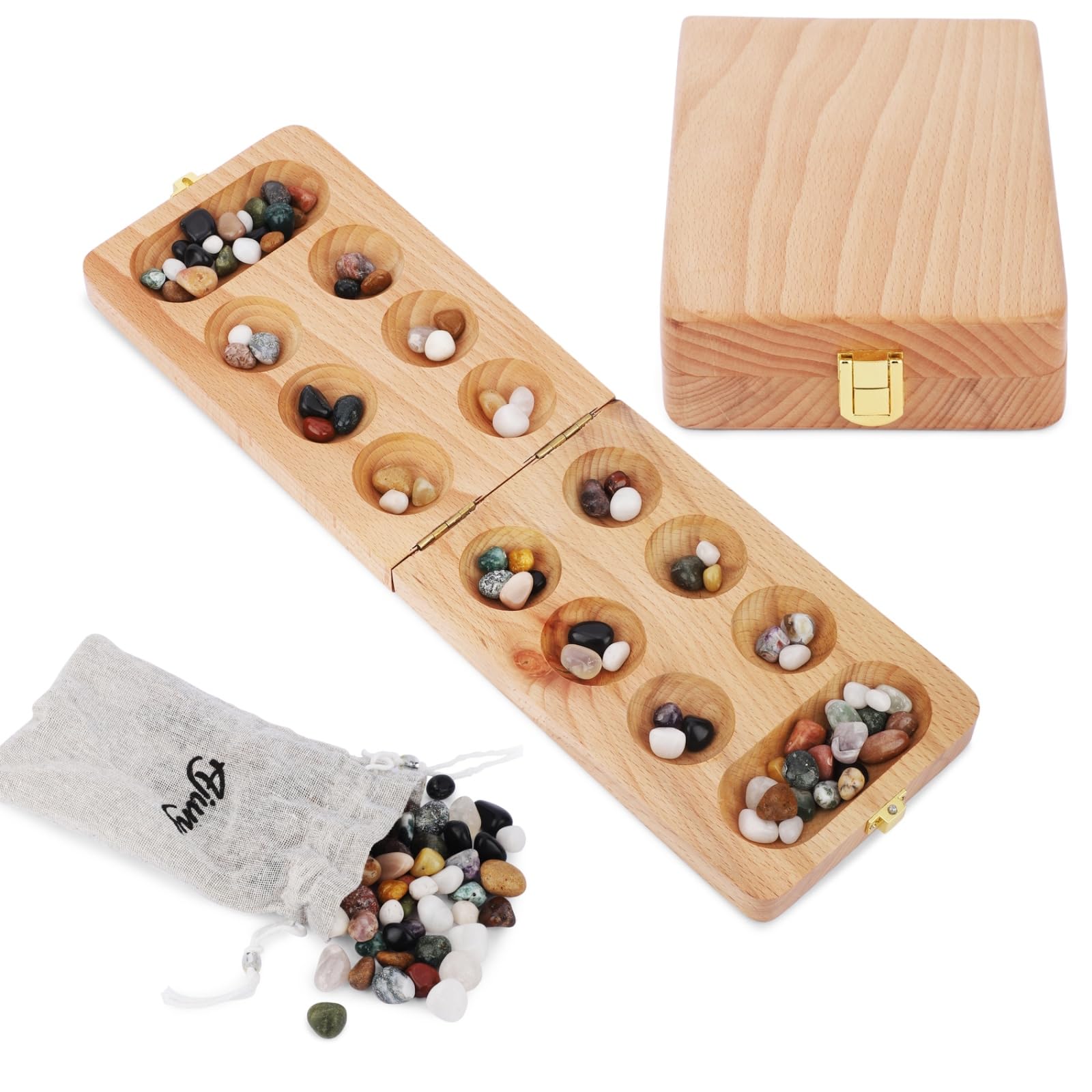 Photo 1 of Ajuny Wooden Mancala Board Game Set – Classic Board Games, Portable Folding Travel Mancala Board with Marbles (48+32 Stones), Ideal Family Wooden Games for Adults & Kids