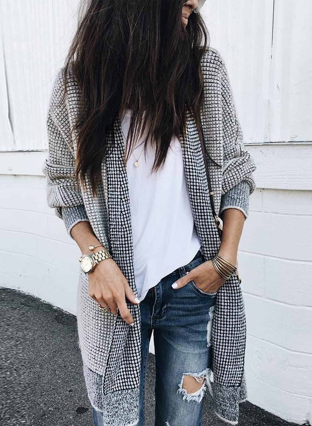 Sidefeel Womens 2025 Fall Outfits Long Sleeve Open Front Cardigan Sweaters Oversized Checkered Chunky Knit Sweaters Coat