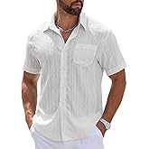 gigkik Mens Beach Shirt Wrinkle Free Hollow Shirts Short Sleeve Button Down Shirts Tropical Tops