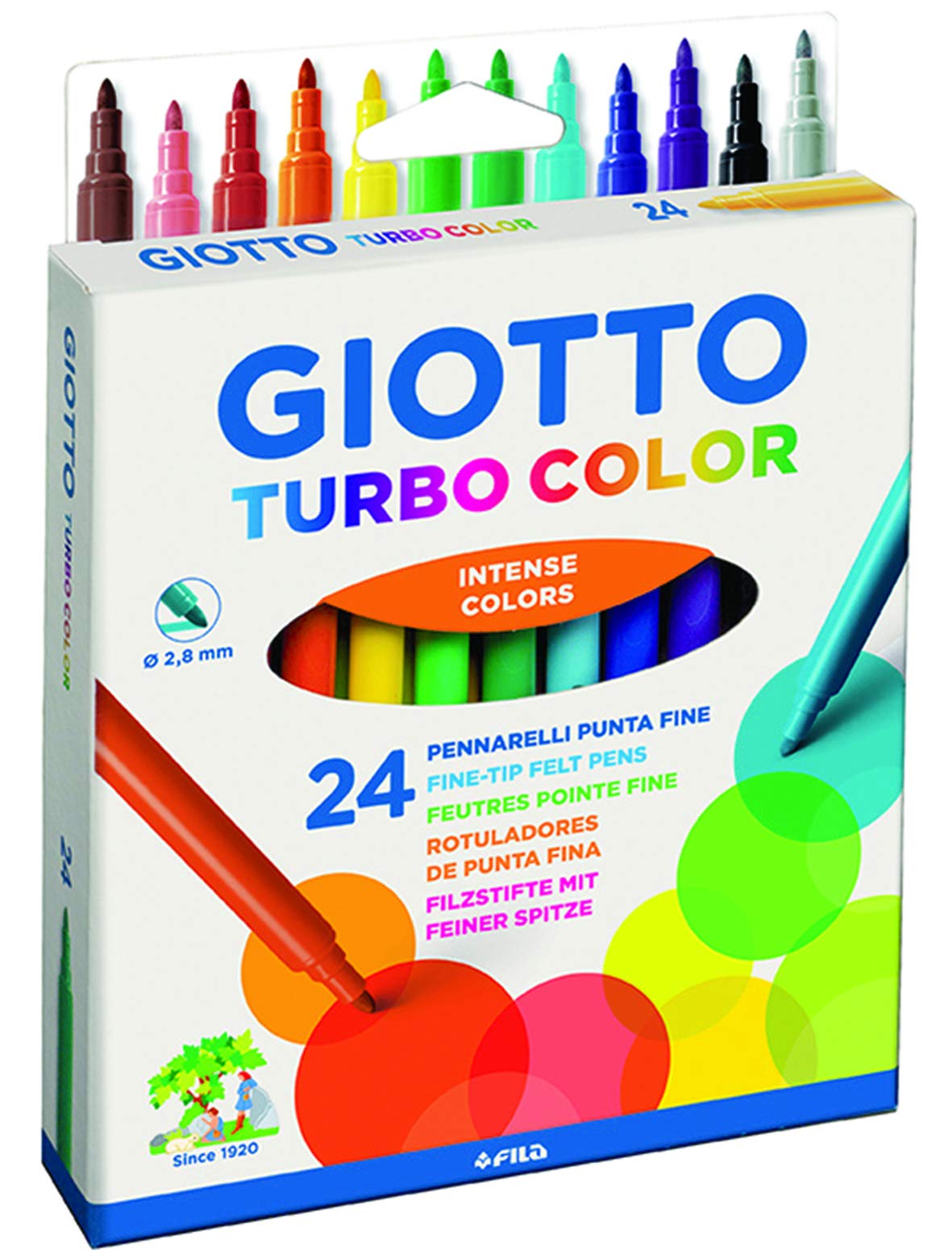 GIOTTO Turbocolor Felt Tip Fibre Pens, Fine Tip Nib 2.8mm, 24 Assorted Colours, For Children, Parties and Schools