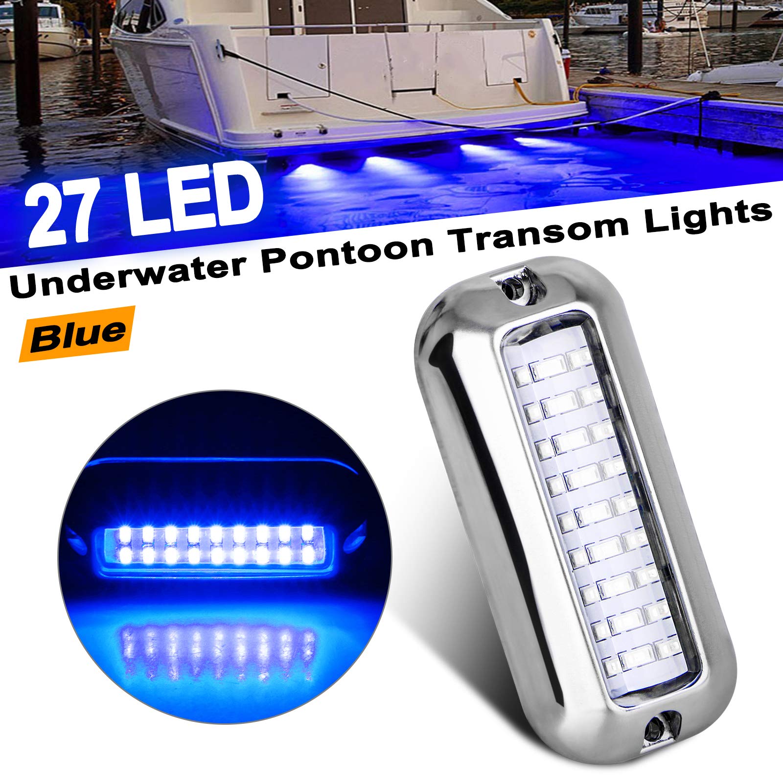 2X BLUE 60 LED Underwater BOAT MARINE Transom LIGHTS Stainless Steel