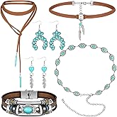 Geyoga 6 Pcs Western Jewelry for Women Turquoise Pendant Choker Necklace Boho Dangle Earrings Bracelets Bohemian Chain Belt Halloween Accessories