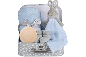 HOOLAROO Baby Boy Gift Set New Born Baby Gifts Baby Blue Bunny Security Blanket Soft Fleece, Suitcase Keepsake Box Blanket Booties & Baby Gift Basket – Unique Present for Baby Shower & Newborn Lovey Welcome