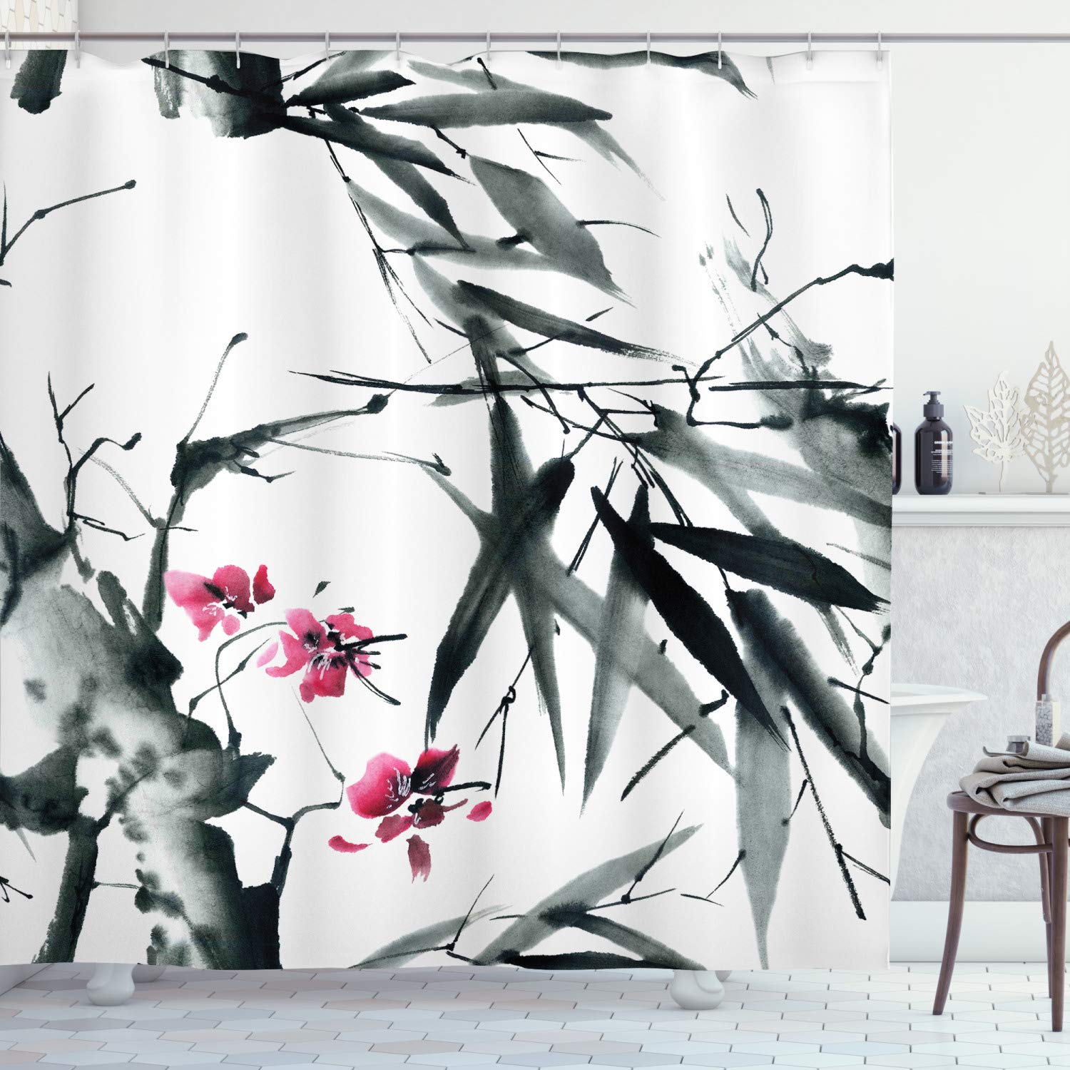 ABAKUHAUS Japanese Shower Curtain, Natural Bamboo Stems Cherry Blossom Japanese Inspired Folk Print, Cloth Fabric Bathroom Decor Set with Hooks, 94 Inches, Dark Green Fuchsia
