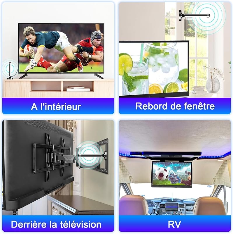 Antenne TV Intérieure Puissante avec Amplificateur de Signal à Gain Élevé - Réception 360° Longue Portée, Base Magnétique pour Fixation Facile, Compatible Téléviseurs HD/4K