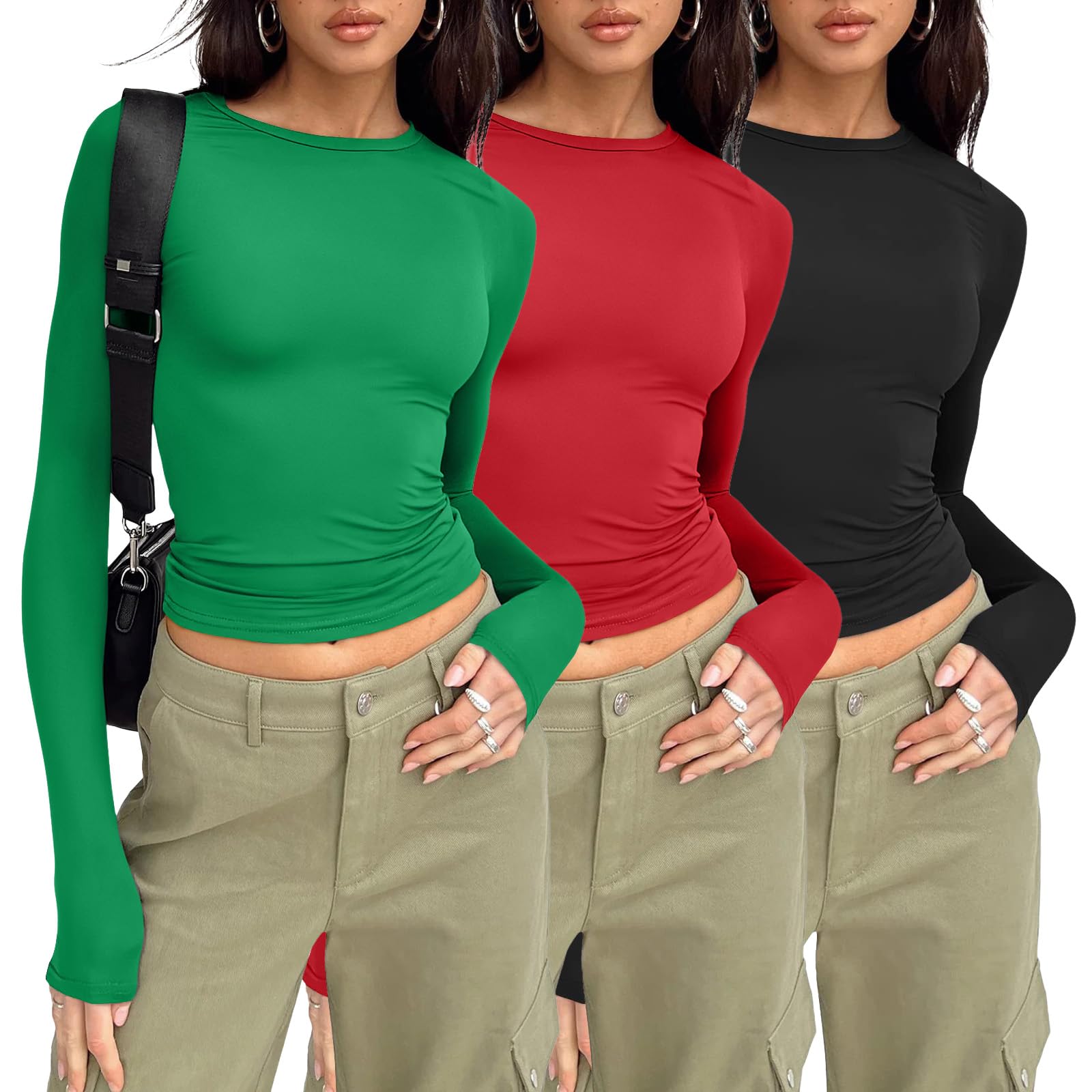 AUTOMET 3-Pack Women's Long Sleeve Crop Tops - Basic Fitted T-Shirts Set Black Red Green S Image