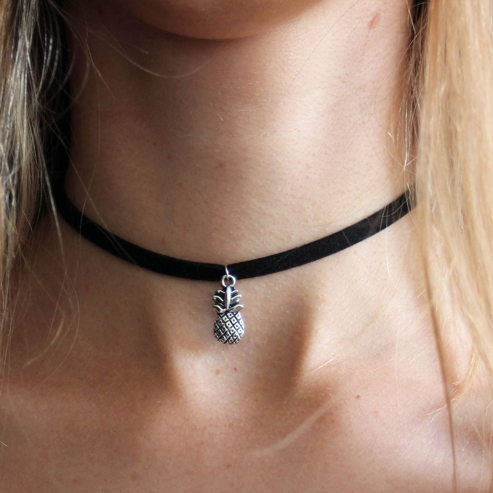 TseenYi Pineapple Pendant Necklace Short Black Suede Choker Necklace Goth Velvet Necklace Chain Jewelry for Women and Girls