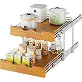 DINDON 2 Tier Pull Out Cabinet Organizer (20" W x 21" D) Slide Out Wood Shelf Double Tier Kitchen Wire Basket with Chrome Finish…