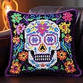 Latch Hook Kits Pillow Colorful Skull Printed Canvas Cushion Crochet Yarn Needlework DIY Hook Latch Kit Embroidery Pillowcase Rug Cover Home Sofa Halloween Decoration 43x43cm