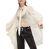 Seyumixi Women Long Bell Sleeve Frill Top See Through Sheer Mesh Blouse High Low Hem Ruffled Sexy Flowy Tops Shawl Shirt