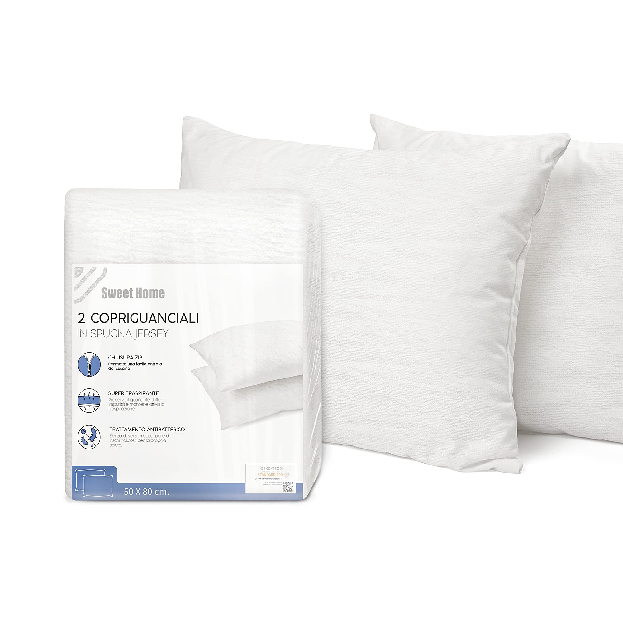 SWEET HOME - Set of 2 Cushion Covers in Terry Jersey and Cotton with Zip Closure, Super Breathable, Anti-Wrinkle and Antibacterial - Washable and Certified Cushion Covers - 50 x 80 cm, White