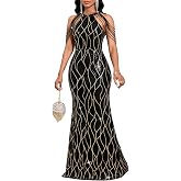 Cololura Women Sequin Halter Tassel Mermaid Formal Maxi Dress Evening Gown | Sexy Elegant Gala Dress, Cold-Shoulder Cutouts, Draped Chain Detail for Prom, Masquerade, Black-Tie, Cocktail Events