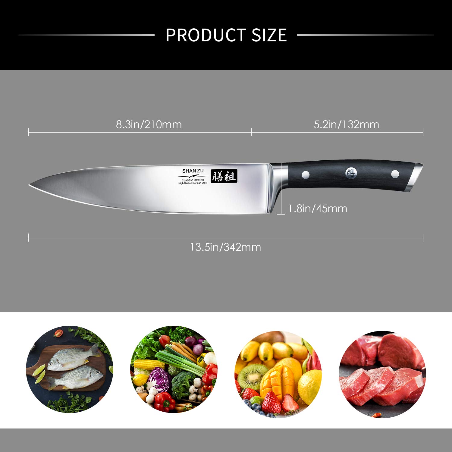 Chef Knife 8 Inch,SHAN ZU Pro German High Carbon Stainless Steel Kitchen Knives with Ergonomic Handle and Gift Box,Ultra Sharp Blade,Suitable for All Cutting Tasks
