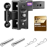 Kasnow Adjustable Trailer Hitch for 2.5" Receiver 8000 LBS Towing Capacity, Tow Hitch with 6" Drop/Rise, Dual Ball Mount (2" &amp; 2-5/16") with Locking Hitch Pins, Drop Hitch for Trucks