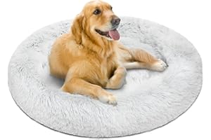 Friends Forever Donut Dog Bed Faux Fur Fluffy Calming Sofa For Large Dogs, Soft & Plush Anti Anxiety Pet Couch For Dogs, Machine Washable Coco Pet Bed with Non-Slip Bottom, 36"x36"x8" Ivory