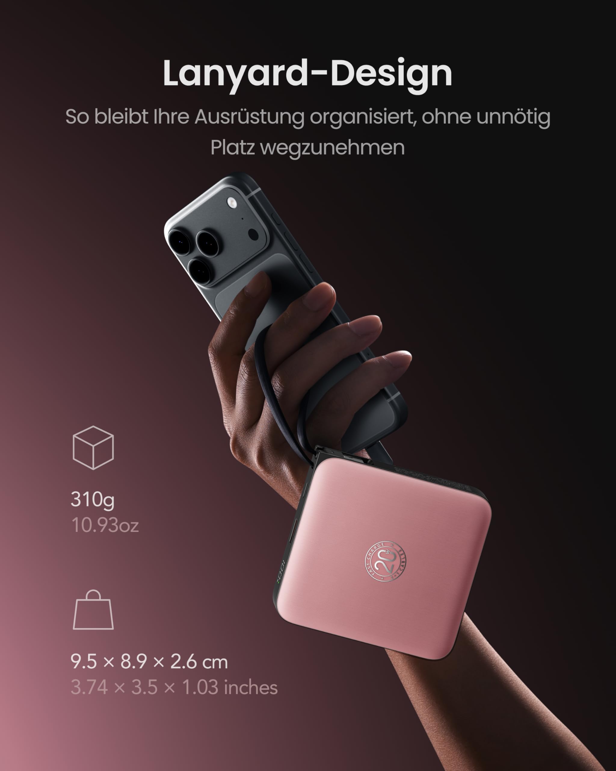 Coowisty Powerbank 22,5W Power Bank mit Kabel 20000mAh USB-C Schnellladung Klein Externe Handyakkus & LED-Display Mini Tragbares Ladegerät Kompatibel mit iPhone 17 16 15 Xiaomi Samsung iPad (Rosa) 2