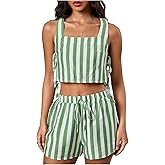 MakeMeChic Women's Summer Two Piece Outfit Striped Bow Square Neck Sleeveless Crop Tops and Shorts Set