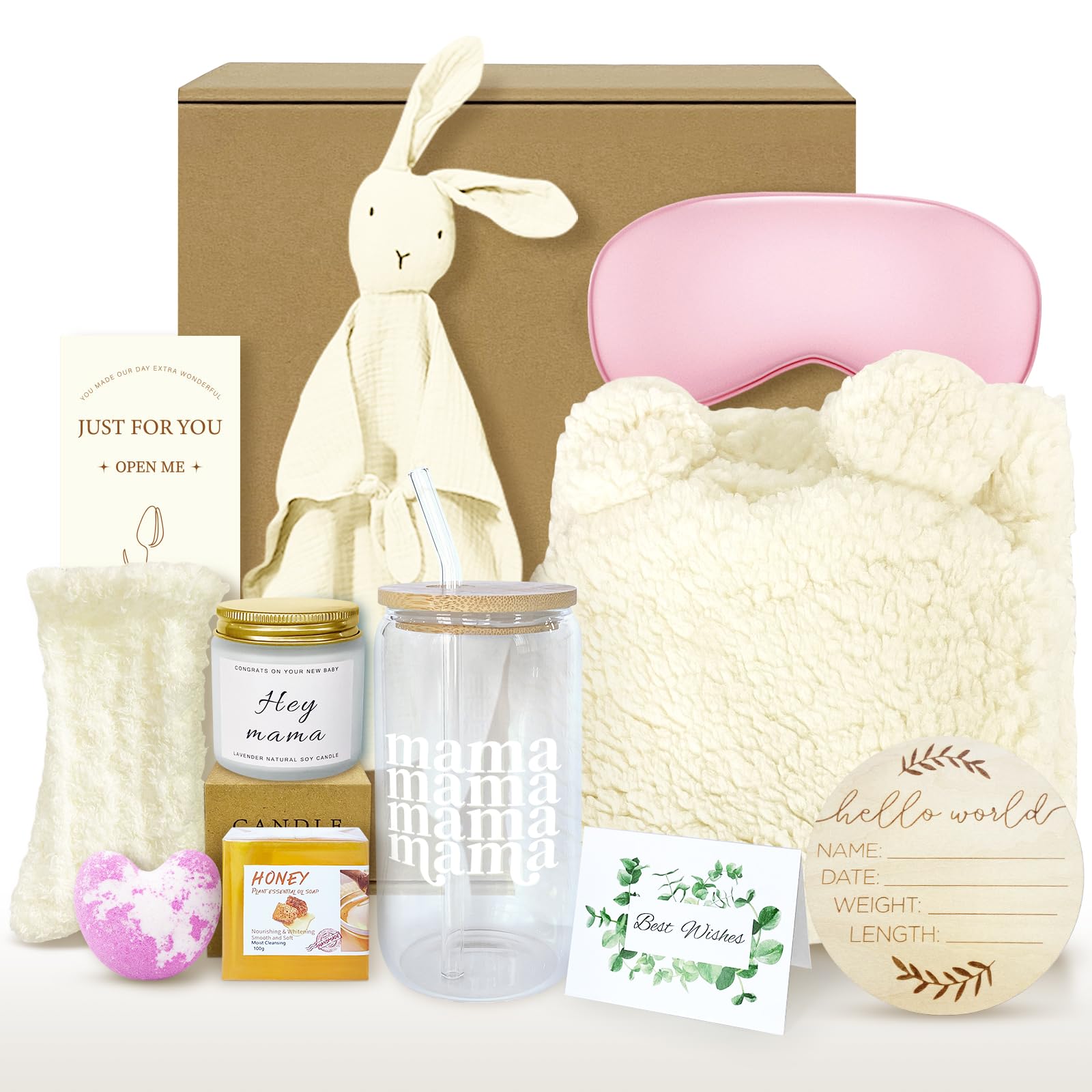 11-Piece New Mom Gifts After Birth for Girls, Pregnancy Gifts for First-Time Moms, Expecting Mom Care Package After Baby(White Bunny)