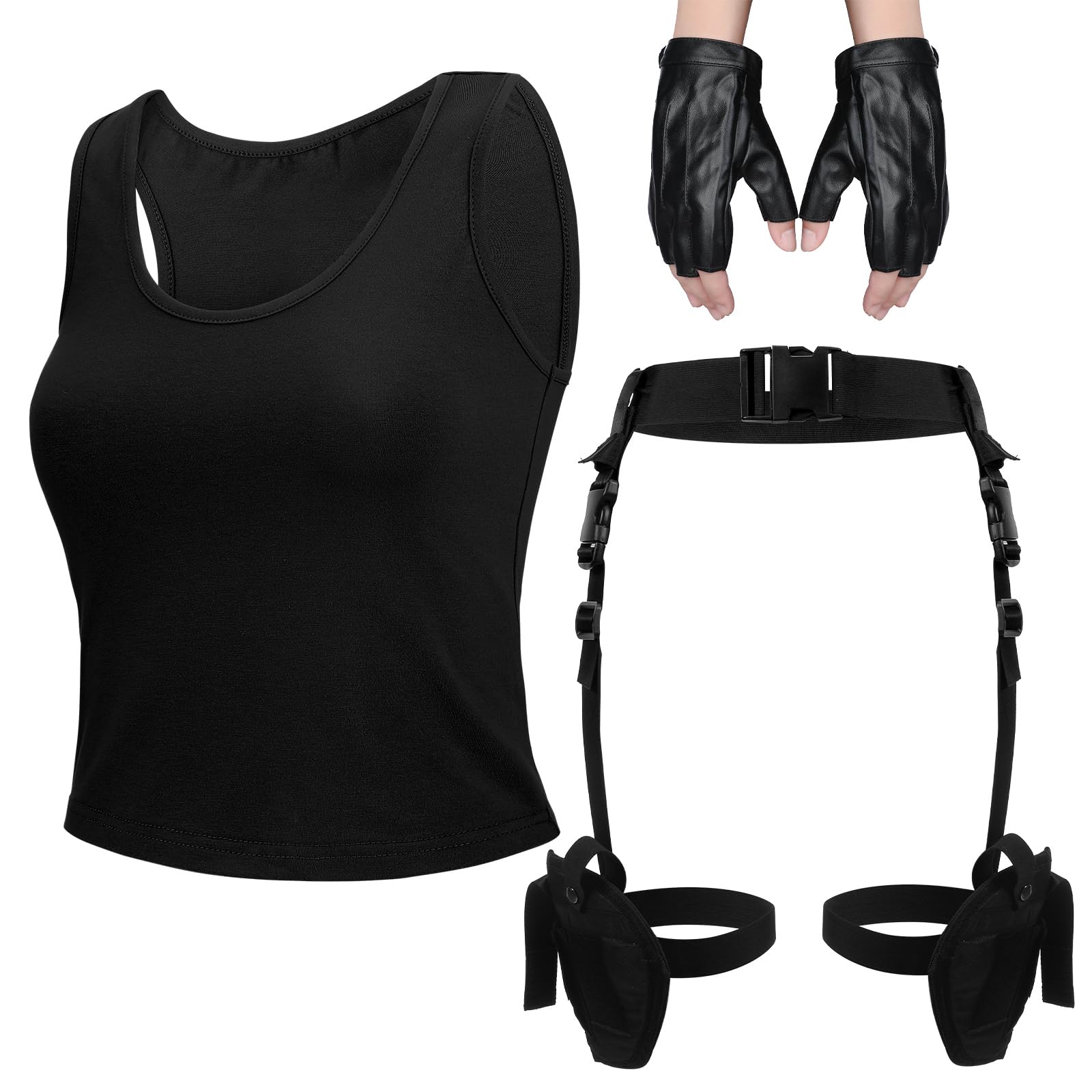 Photo 1 of Jiuguva 3 Pcs Halloween Thigh Holsters Costume for Women Leg Gun Holster Drop Adjustable Leather Glove Crop Tank Tops(Black)
