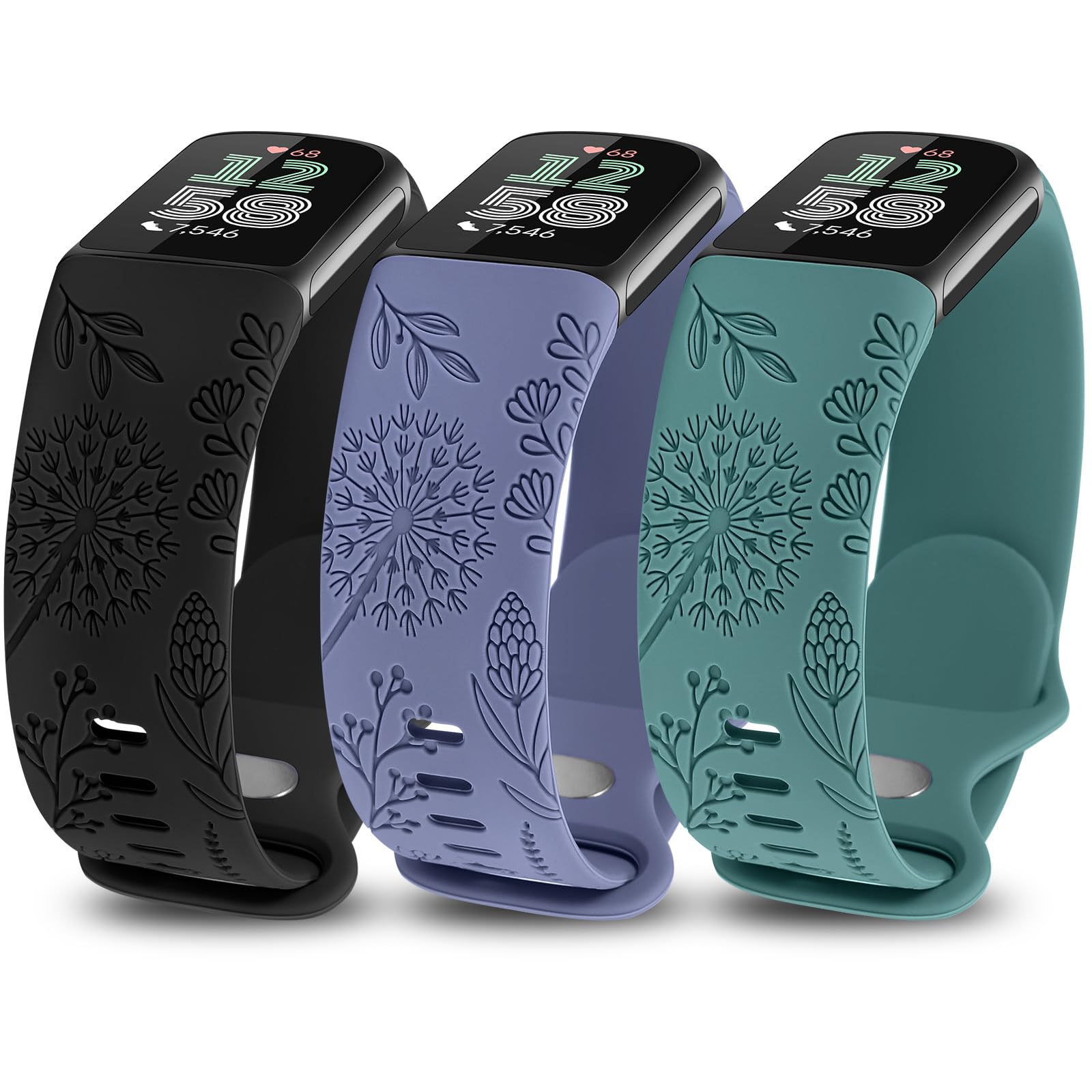 TOYOUTHS 3 Packs Floral Engraved Compatible with Fitbit Charge 5/Charge 6 Strap for Women, Soft Waterproof Silicone Sport Band with Cute Dandelion Flower Pattern, Black/Ice Blue/Green