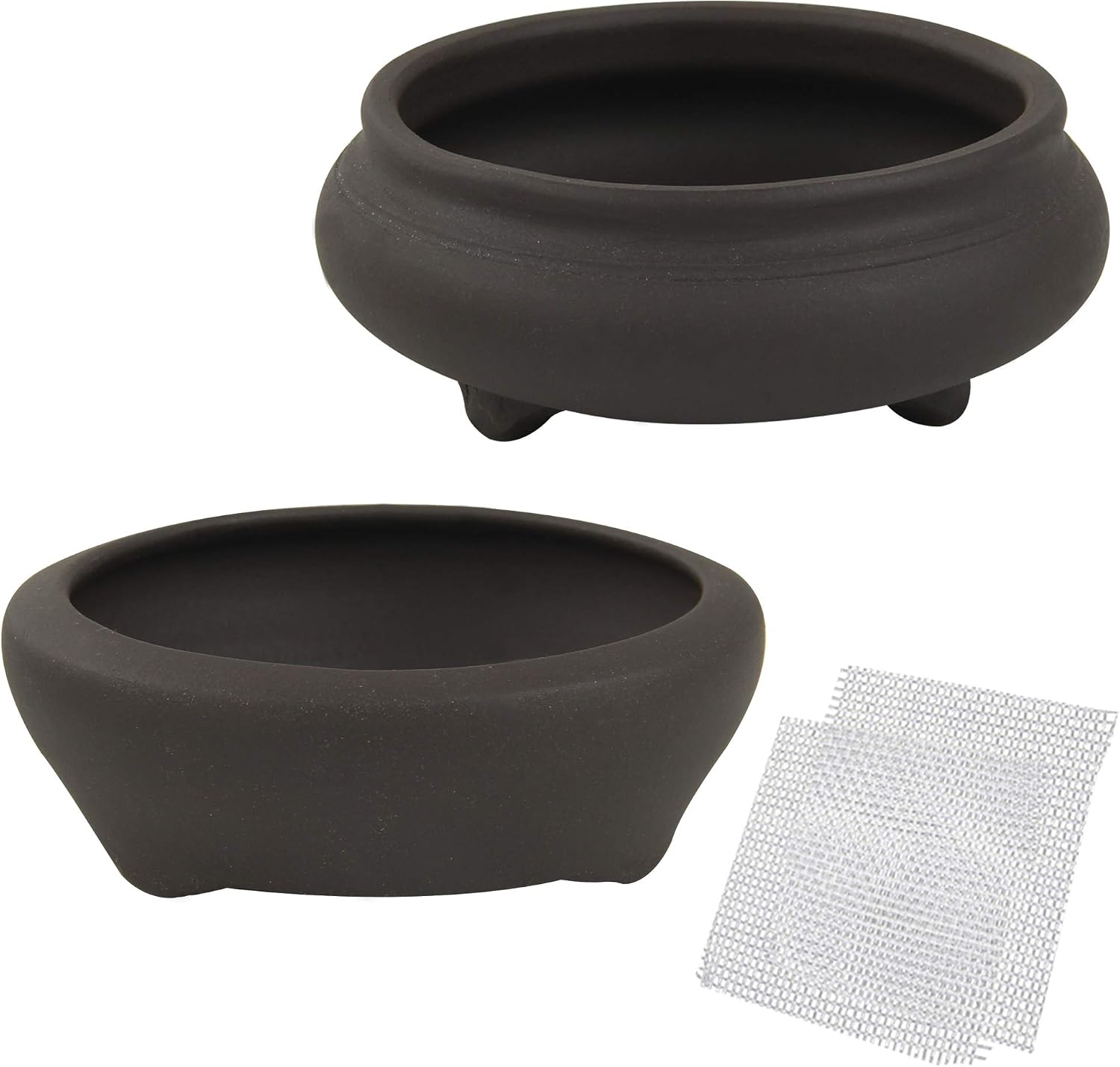 happy bonsai 2 pc 3.7" + 3.9" Unglazed Round Ceramic Succulent Planter Pot Set, Black, 3.7+3.9 Inch