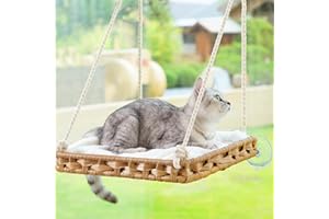 SETVSON Cat Window Perch Cat Window Hammock Bed for Indoor Cats, Large Handwoven PE Rattan Window Seat, 4 Suction Cups, Double Sided Washable Cushion Bed, 2.3 Inch Fence Shelf, for Pet Kittens Natural