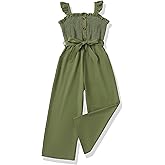 SODLON Girls Jumpsuit Kids Clothes Fashion Ruffle Sleeveless Wide Leg Belted Romper Smocked Summer Outfits with Pockets