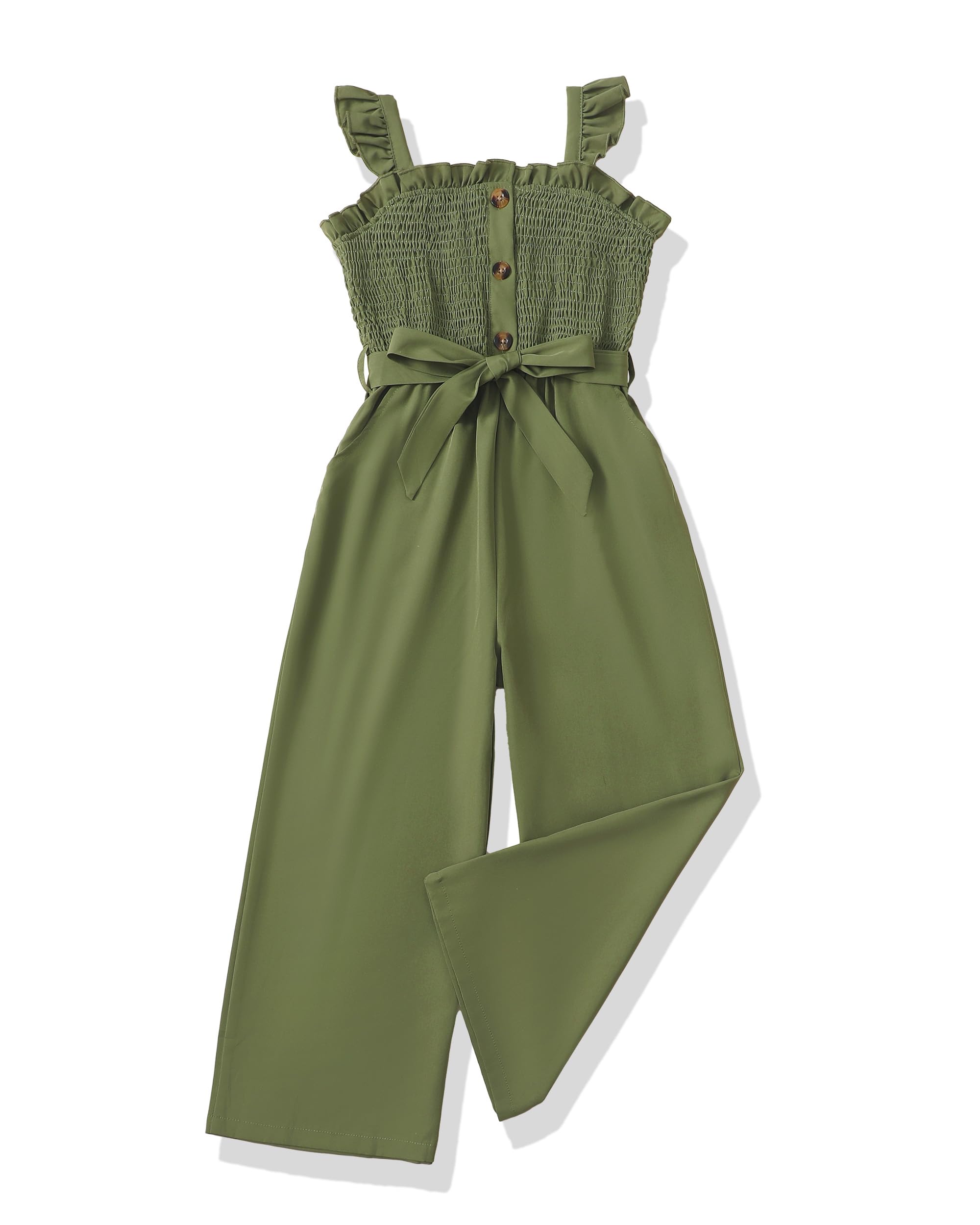 Photo 1 of Girls Jumpsuit Size 7-8 Kids Fashion Preppy Clothes Ruffle Sleeveless Wide Leg Belted One-Piece Romper Smocked Summer Outfits with Pockets Green