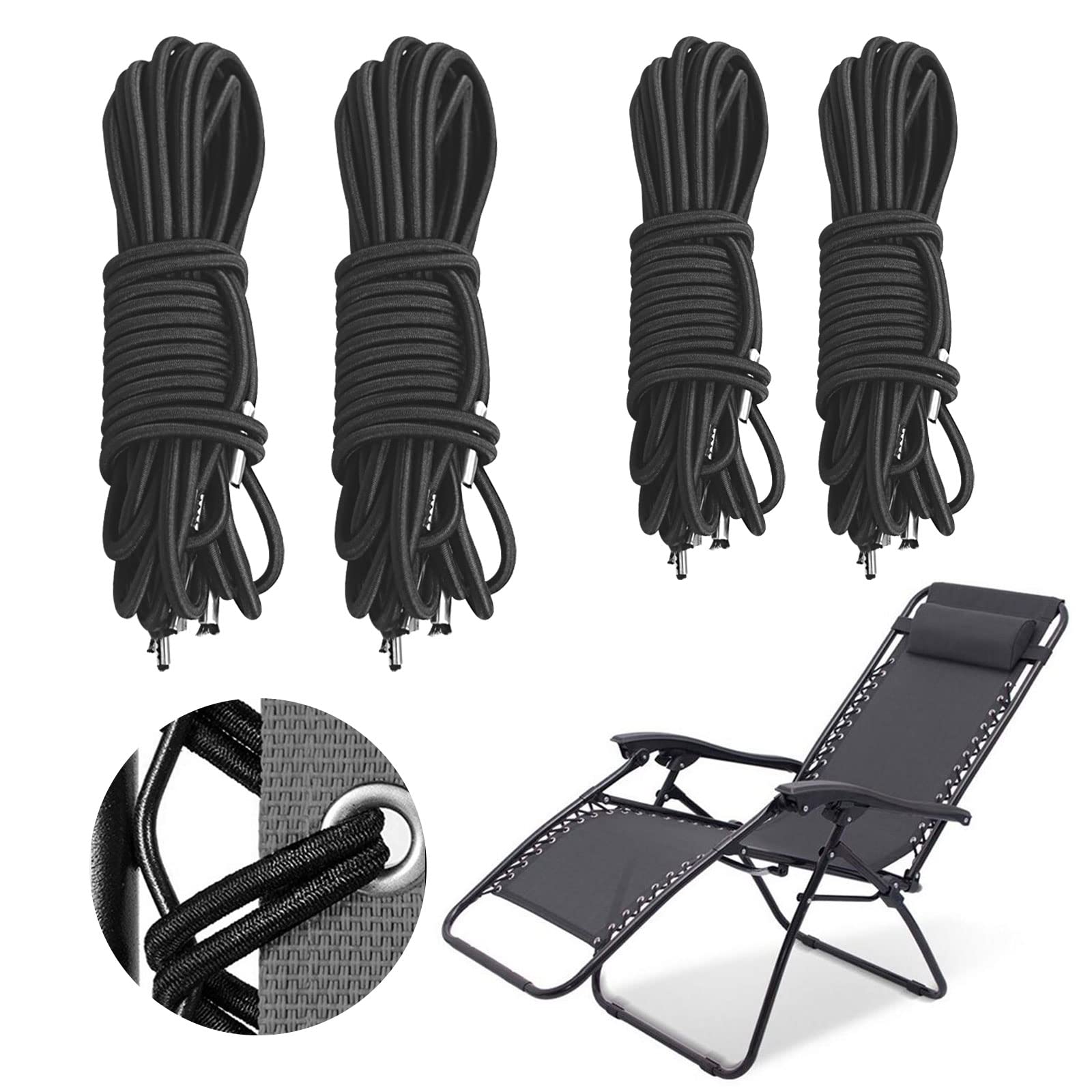 VIKSAUN 4 Pieces Replacement Cord for Zero Gravity Chair Universal Replacement Elastic Cords Repair Tool Kit for Sun Loungers Garden Chairs Outdoor Recliners Anti Gravity Chair Bungee Chairs (4 pcs)