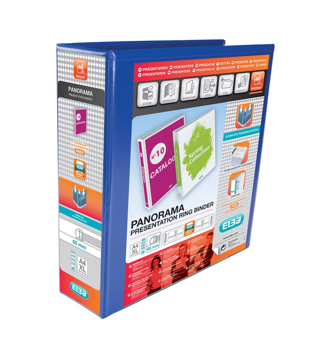 Elba A4 4 D-Ring Binder, 65mm capacity, 90mm spine, Presentation Folder with Customisable Cover, Portrait, Blue (Single)