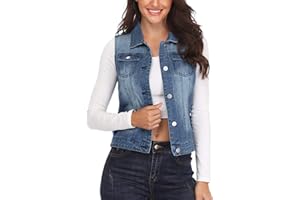 MISS MOLY Women's Denim Vest Cropped Classic Sleeveless Jean Vest Jackets With Flap Pockets