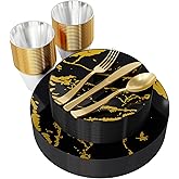 JOLLY PARTY 180PCS Disposable Dinnerware Set 30 Guest, 60 Black and Gold Plastic Plates, 30 Silverware, 30 Plastic Cups, Marble Design Dinnerware for Halloween, Wedding and Parties