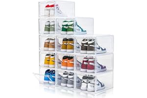 CKHXR Upgraded X-Large 12 Pack Clear Shoe Storage Organizer,Stackable Shoe Rack for Closet,Plastic Shoe Boxes with Magnetic Door,Shoe Containers For Sneaker Display,Fit up to US Size13 (Clear, 12 Pack)