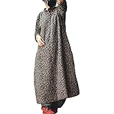 NFYM Women Autumn Winter Warm Padded Floral Outwear Long Cotton Linen Vintage Chinese Style Robe Coat
