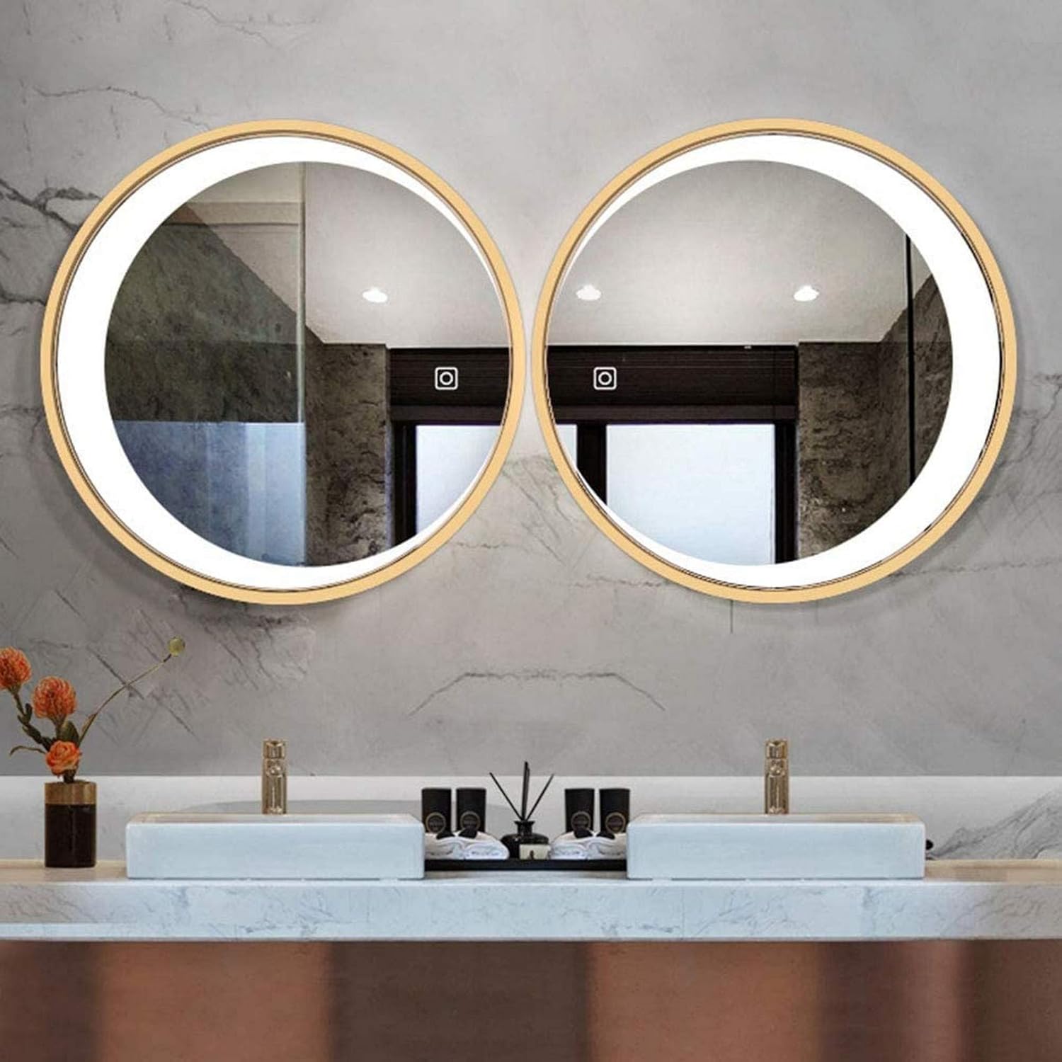 Wall Mirror, Led Moon With Light Bathroom Mirror, Round Solid Wood