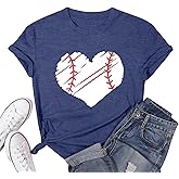 Baseball Shirt Women Baseball Heart Tee Shirts Baseball Mom Tshirt Game Day Casual Crew Neck Short Sleeve Tops