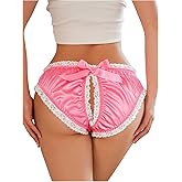 OYOANGLE Women's Satin Panties Cut Out Lace Trim Bow Briefs Cute Mid Rise Lingerie Underwear