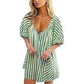 ebossy Womens Summer Casual Striped Rompers Puff Sleeve Wide Leg Shorts Jumpsuit Loose Fit Vacation Outfits