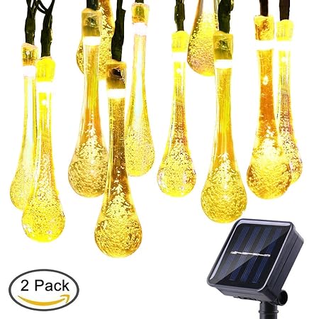 2 Pack Fairy Water Drop 20ft 30LED Solar String Lights Outdoor Waterproof Solar Decorative Lamps for Garden Christmas Tree Deck Patio Party-Warm White