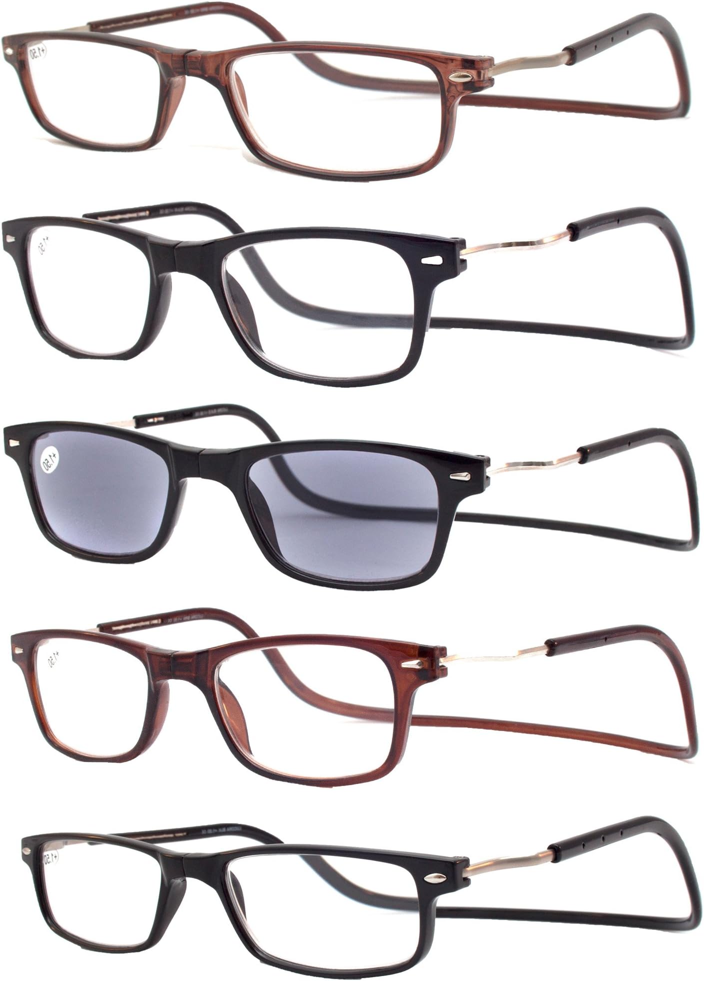Reading Glasses Magnetic Adjustable 5-Pack Mix with Built in Neck Strap for Men and Women (1.50)
