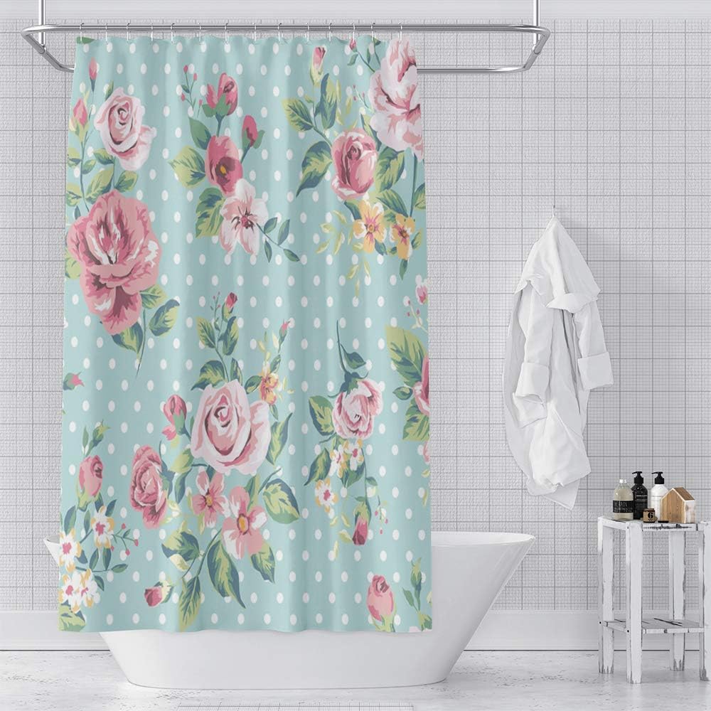 Amazon Com Musemailer Waterproof Polyester Shower Curtain Quick Dry Beautiful Pink Roses With Green Leaves White Spotted Mint Green Floral Fabric Shower Curtain For Decor Bathroom Showers Bathtubs 72 X72 Kitchen Dining